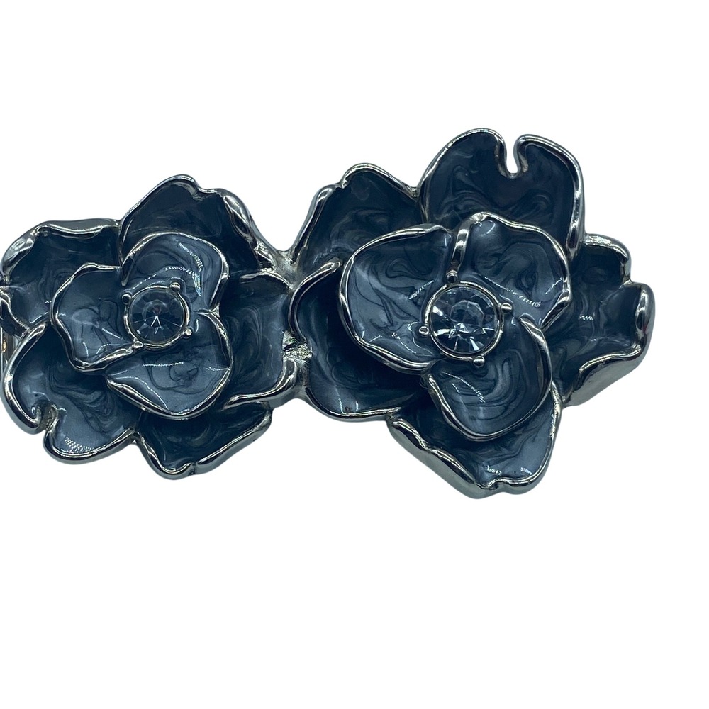 Vintage Grey Enamel Double Rose Floral Belt Buckle Rhinestone 3.5"‎